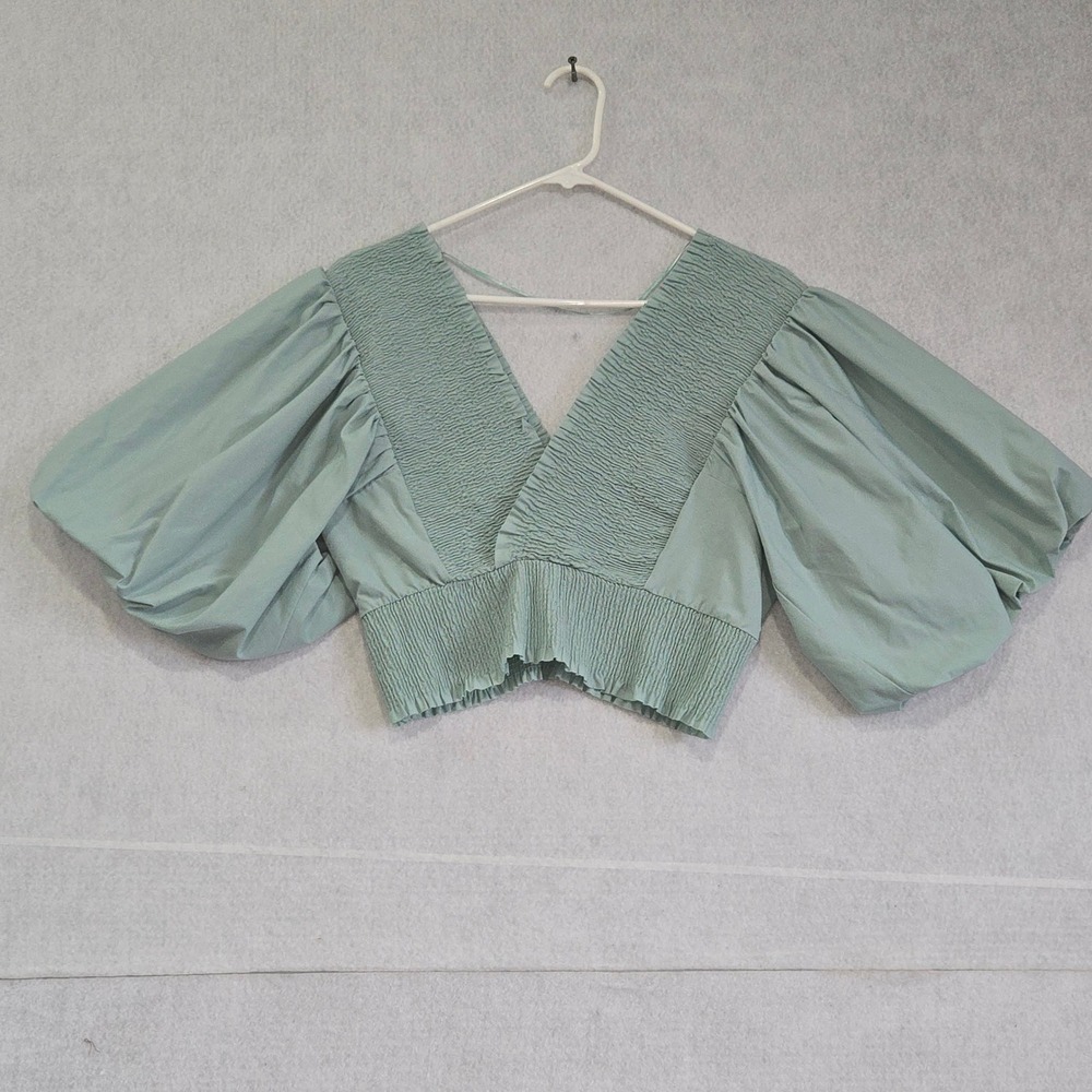 Zara Sage Green Smocked Puff Sleeve V-Neck Crop Top Large B#328